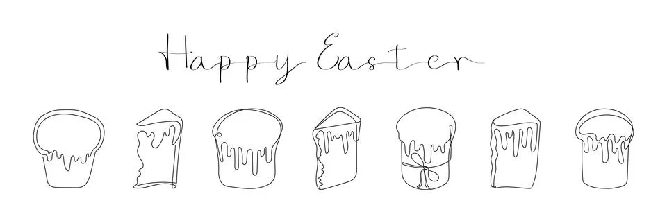 Set of Easter Kulich cakes with icing. With text Happy Easter. Continuous one Stock Illustration