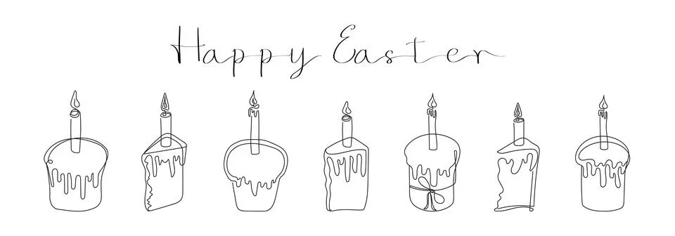 Set of Easter Kulich cakes with lit candles. Happy Easter greeting text Stock Illustration