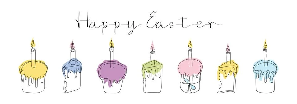 Set of Easter Kulich cakes with lit candles. Happy Easter greeting. Continuous Illustrazione stock