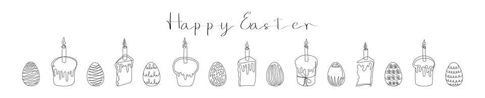 Set of Easter Kulich cakes with lit candles and painted eggs. Happy Easter Stock Illustration