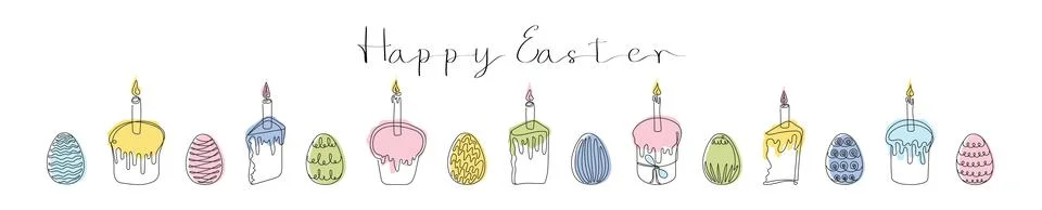 Set of Easter Kulich cakes with lit candles and painted eggs. Happy Easter Stock Illustration