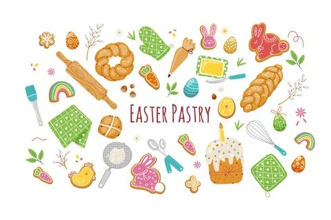Set of easter pastry elements,traditional backing on spring holiday.vector flat Illustrazione stock