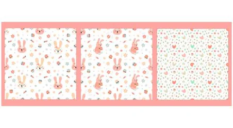 Set of Easter patterns with rabbits,eggs,cake 스톡 일러스트