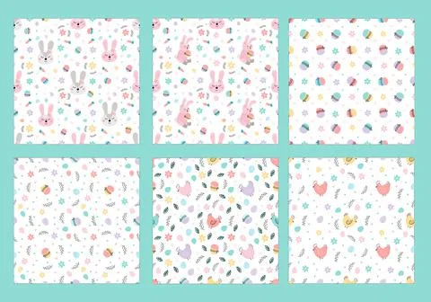 Set of Easter patterns with rabbits,eggs,cake 스톡 일러스트