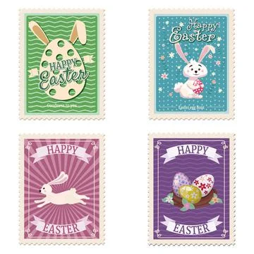 Set of Easter postal stamps, bunnies, eggs, retro graphic. Vintage collection Stock Illustration