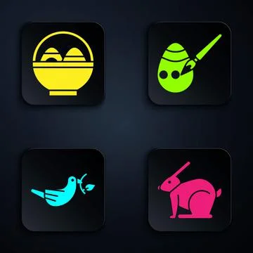 Set Easter rabbit, Basket with easter eggs, Peace dove with olive branch and Stock Illustration