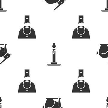 Set Easter rabbit, Burning candle in candlestick and Priest on seamless pattern Stock Illustration