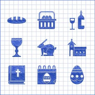 Set Easter rabbit, Calendar with egg, Church building, Holy bible book, Wine Stock Illustration