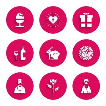 Set Easter rabbit, Flower tulip, Jesus Christ, egg in wicker nest, Priest, Wine 스톡 일러스트