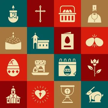 Set Easter rabbit, Flower tulip, eggs, Basket with easter, Church building, cake Ilustración de archivo
