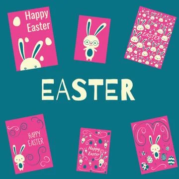 Set of easter rabbits cards poster for holidays Stock Illustration