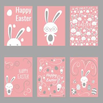 Set of easter rabbits cards poster for holidays Stock Illustration