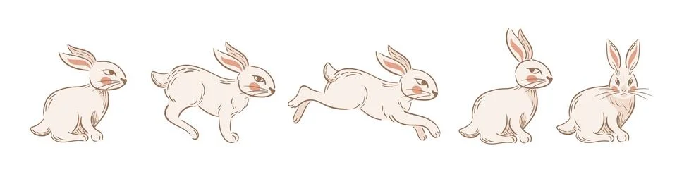 Set Easter running and sitting rabbits. Vintage stylized retro illustration Stock Illustration