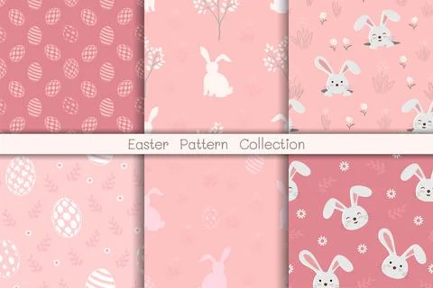 Set of Easter seamless pattern design with bunnies,Easter eggs and wildflower Stock Illustration