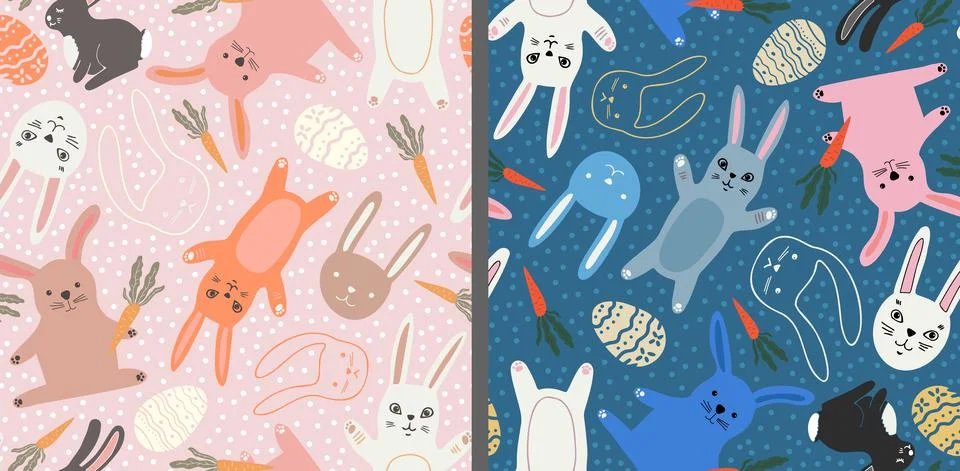 Set of Easter seamless patterns with cute Bunnies and eggs. Flat scandinavian Illustrazione stock
