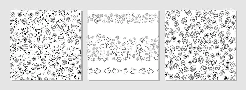 Set of easter seamless patterns. Simple monochrome eggs and rabbits Illustrazione stock