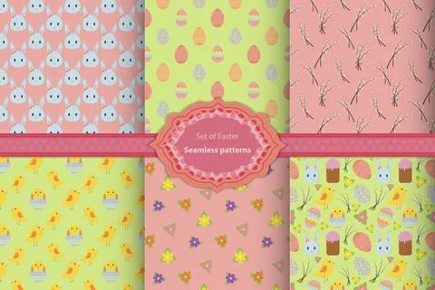 Set of Easter seamless patterns with traditional Easter symbols for wrapping  Stock-Illustration
