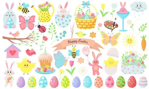 Set of Easter spring elements. Bunnies, chicks, eggs, flowers, butterflyes an Illustrazione stock