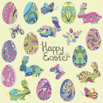 Set of Easter stickers: eggs, rabbit and flowers. Cute cartoon illustrations Stockillustratie