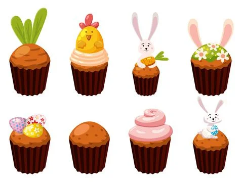 Set of Easter sweets cupcakes, eggs, bird, bunny, candies, cake. Collection Illustrazione stock