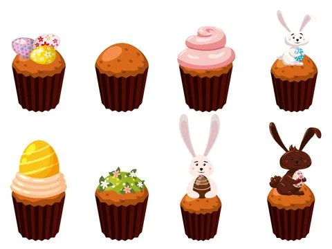 Set of Easter sweets eggs, cupcake, bird, bunny, candies, cake. Collection sweet Illustrazione stock