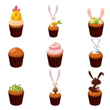 Set of Easter sweets eggs, cupcake, bird, bunny, candies, cake. Collection sweet Stock Illustration