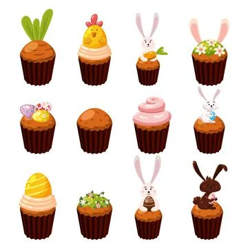 Set of Easter sweets eggs, cupcake, bird, bunny, candies, cake. Collection sweet Stock Illustration