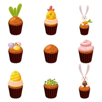 Set of Easter sweets eggs, cupcake, bird, bunny, candies, cake. Collection sweet Illustrazione stock