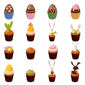 Set of Easter sweets eggs, cupcake, bird, bunny, candies, cake, lollipops, candy Stock Illustration