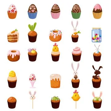 Set of Easter sweets eggs, cupcake, bird, bunny, candies, cake, lollipops, candy Stock Illustration
