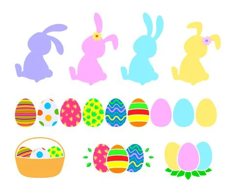 Set of Easter symbols. Easter rabbit, easter eggs, flat style. Stock Illustration