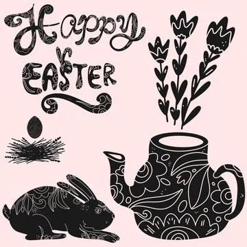 Set of Easter vector elements with decorative patterns. Silhouettes of Easter Illustrazione stock