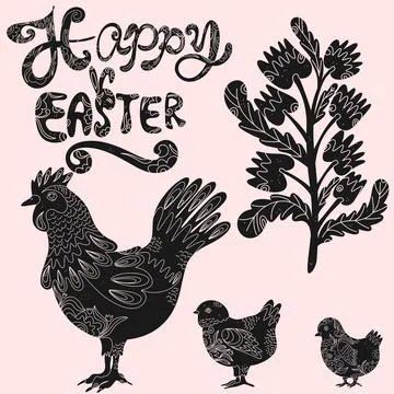 Set of Easter vector elements with decorative patterns. Silhouettes of Easter 库存插图