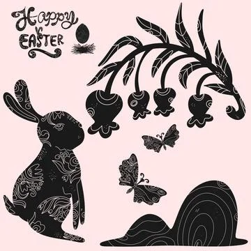Set of Easter vector elements with decorative patterns. Silhouettes of Easter Stockillustratie