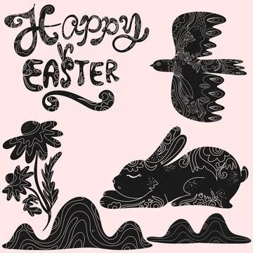 Set of Easter vector elements with decorative patterns. Silhouettes of Easter Stockillustratie