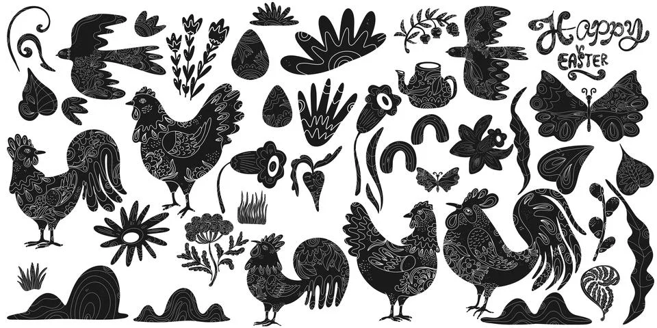 Set of Easter vector elements with decorative patterns. Silhouettes of animal Illustrazione stock