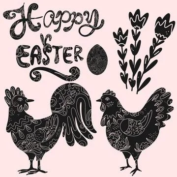 Set of Easter vector elements with decorative patterns. Silhouettes of Easter Illustrazione stock