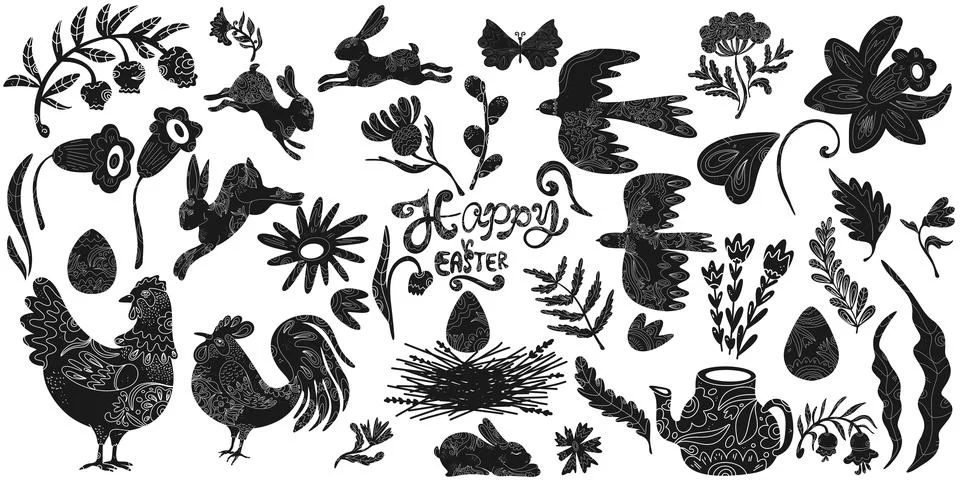 Set of Easter vector elements with decorative patterns. Silhouettes of animal Illustrazione stock