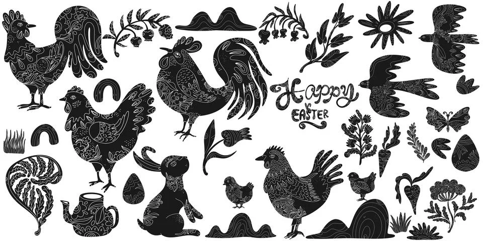 Set of Easter vector elements with decorative patterns. Silhouettes of animal 스톡 일러스트
