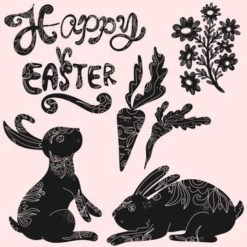 Set of Easter vector elements with decorative patterns. Silhouettes of Easter Stock Illustration