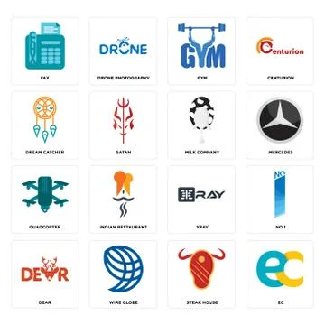 Set of ec, steak house, dear, xray, quadcopter, milk company, dream catcher,  Free Stock Illustration