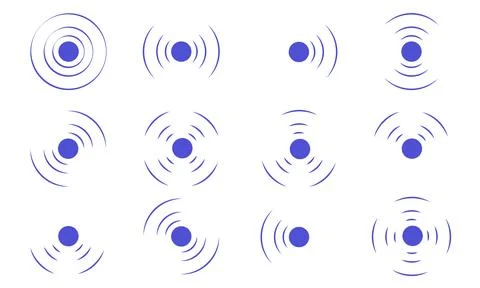 Set echo sonar waves. Blue radar symbols on sea and ultrasonic signal reflect Stock Illustration