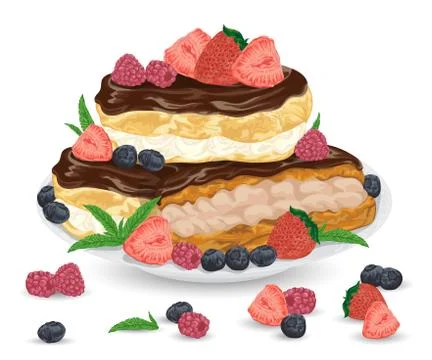 Set of eclairs on plate with praline and cocoa cream in chocolate glaze Stock Illustration