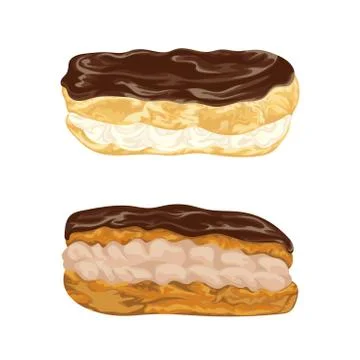 Set of eclairs with praline and cocoa cream in chocolate glaze Stock Illustration