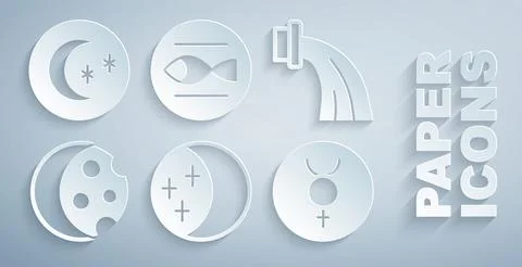 Set Eclipse of the sun, Aquarius zodiac, Symbol Mercury, Pisces and Moon and Ilustração Stock
