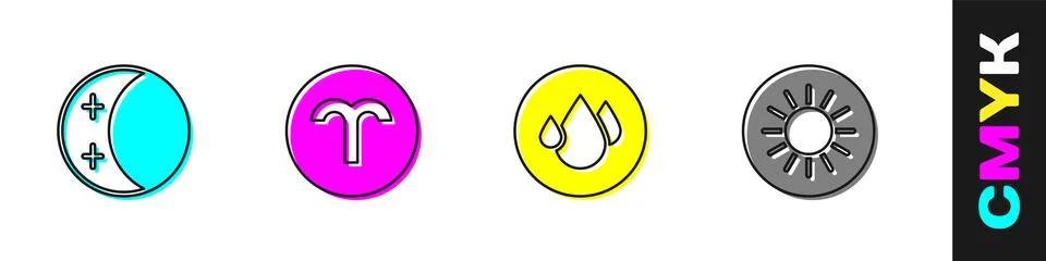 Set Eclipse of the sun, Aries zodiac, Water drop and Sun icon. Vector Ilustração Stock