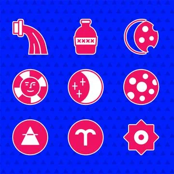 Set Eclipse of the sun, Aries zodiac, Falling star, Full moon, Air element,.. Ilustração Stock