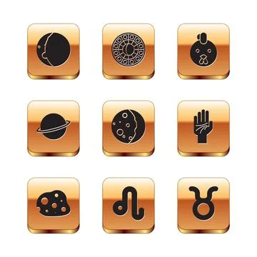 Set Eclipse of the sun, Asteroid, Leo zodiac, Planet Saturn, Rooster, Taurus and Ilustração Stock