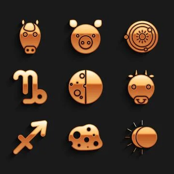 Set Eclipse of the sun, Asteroid, Ox zodiac, Sagittarius, Capricorn, Solar .. 스톡 일러스트