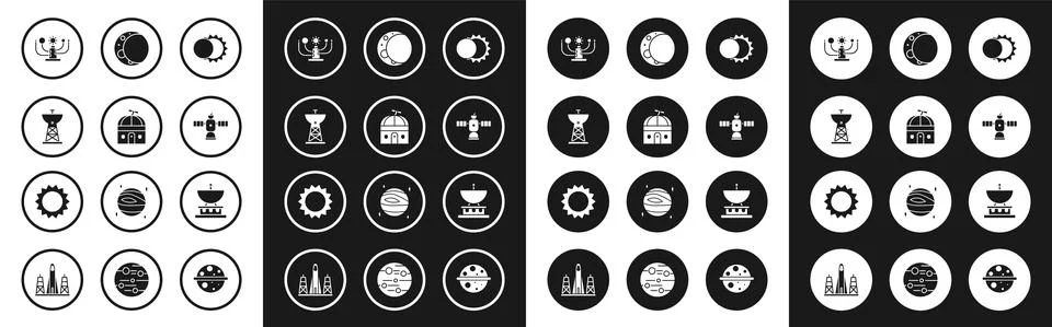 Set Eclipse of the sun, Astronomical observatory, Satellite dish, Solar system Illustrazione stock